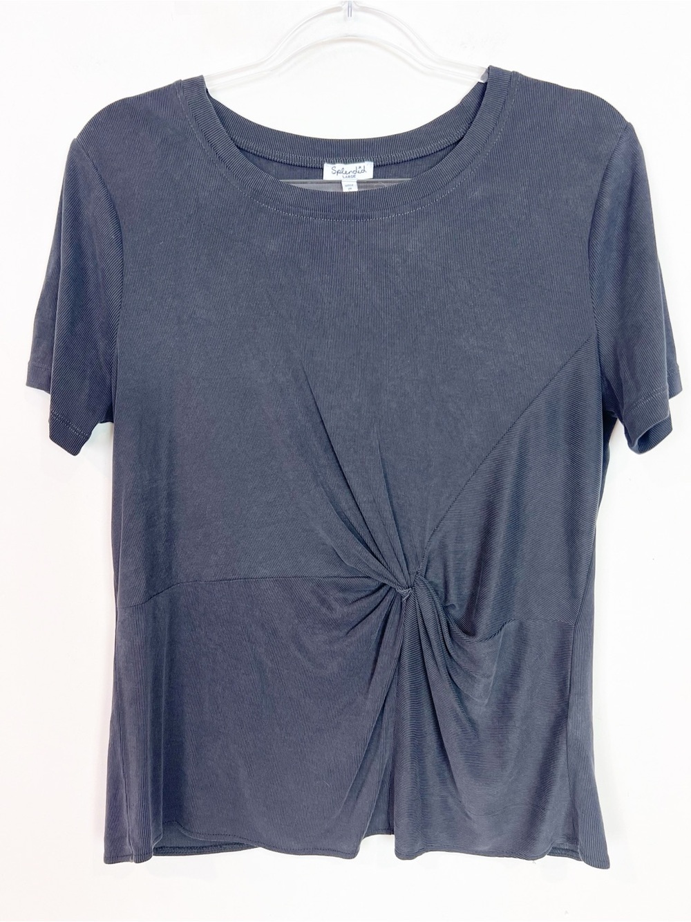 SPLENDID BLACK RIBBED SHORT SLEEVE TWIST FRONT SHIRT WOMENS LARGE